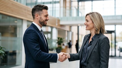 Fototapeta premium Professional businessman and businesswoman shaking hands in modern eco office lobby greeting, corporate agreement partnership handshake collaboration hiring success deal executive colleagues