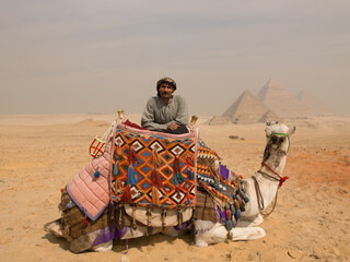 Obraz premium Authentic Egyptian camel guide in traditional dress resting beside a richly decorated camel before the Pyramids of Giza in soft diffused desert light