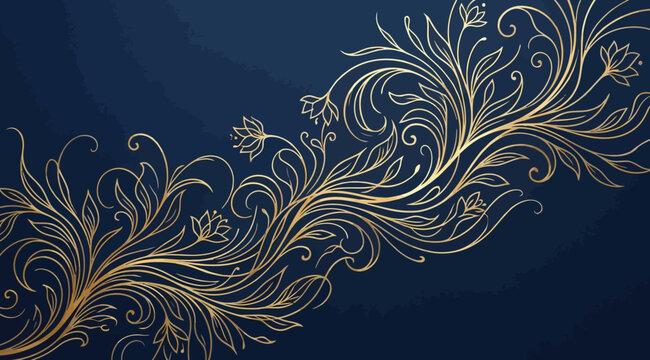 Elegant gold floral filigree pattern on a deep blue background