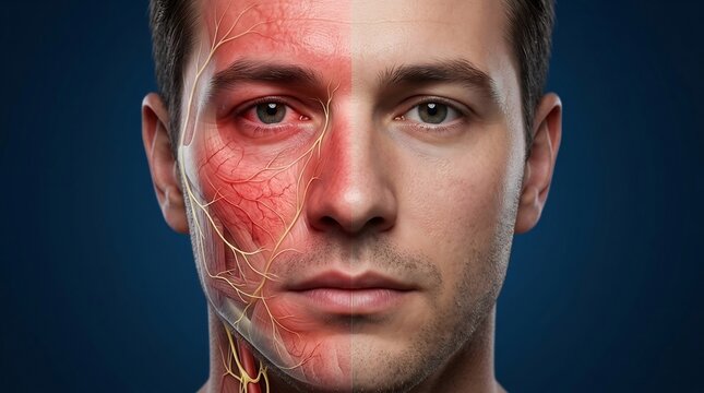 Split face portrait of a man showing healthy skin versus inflamed skin with visible blood vessels and nerves