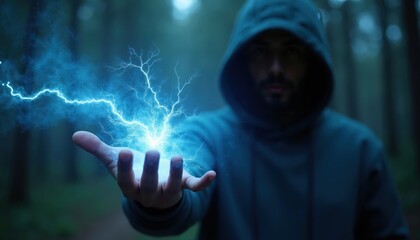 Fototapeta premium Hooded man in forest conjures electric energy from his hand. Blue light pulses and sparks fly from his palm. Mysterious glow illuminates dark woods.