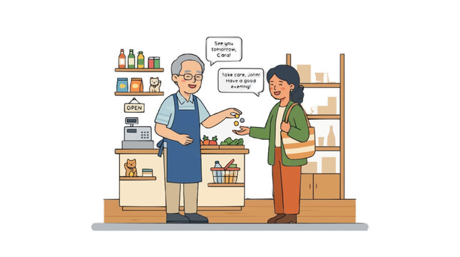 2d FLAT MINIMALISM Customer pays shopkeeper at a small grocery store in a minimalist illustration PNG Isolated on transparent background vector