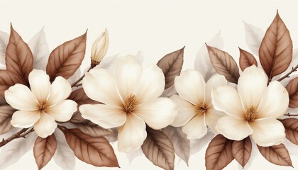 Fototapeta premium Magnolia flowers and brown leaves painted in watercolor style. Delicate blossoms with golden centers and textured leaves arranged on branches with a light neutral background for a soft aesthetic.