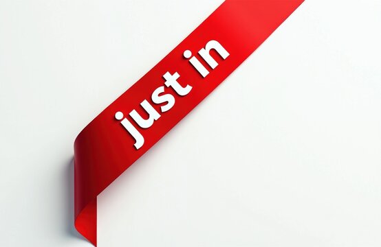 Vivid red ribbon corner banner displays just in text on pure white backdrop. Clean graphic design conveys new arrivals perfect for announcements promotions. Modern style suits retail marketing