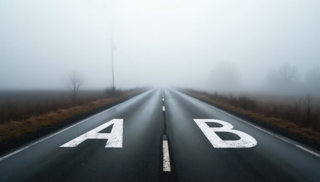 Foggy road splits into two lanes marked A and B. A single path continues into misty distance. This symbolizes choices uncertainty and decision making.