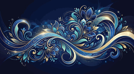 Elegant blue and gold floral flourish with intricate filigree patterns on a dark background © Saharia