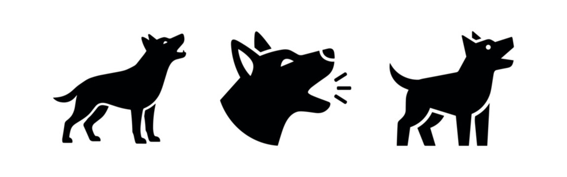 Three black silhouettes of dogs barking or howling on a white background.