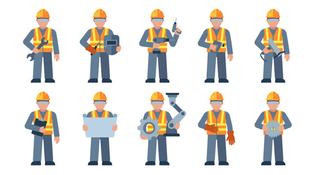 Industrial workers and builders set in safety uniform holding tools like wrench, drill, welding mask, and blueprint vector illustration