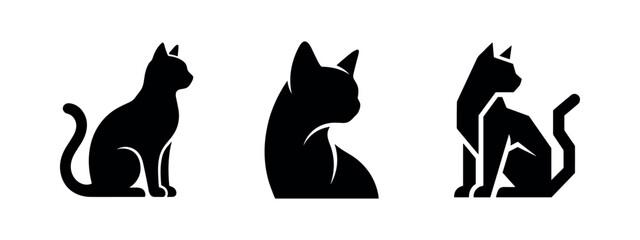 Sitting Cat Silhouette Icon Set. Three black silhouettes of cats in various sitting poses, showcasing elegant feline profiles. © Lili
