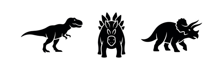 Dinosaur Silhouette Icon Set. Three black silhouettes of popular prehistoric creatures: T-Rex, Stegosaurus, and Triceratops. © Lili