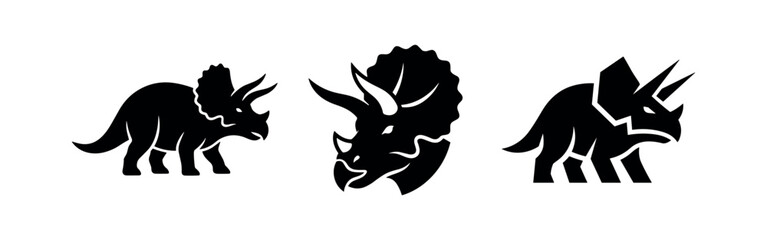 Triceratops Dinosaur Silhouette Poses. Three black silhouettes of a Triceratops, including side view, head profile, and walking pose. © Lili