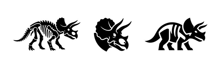 Triceratops Silhouette and Skeleton Icons. Black silhouettes of a Triceratops skeleton and two stylized dinosaur head/body shapes. © Lili
