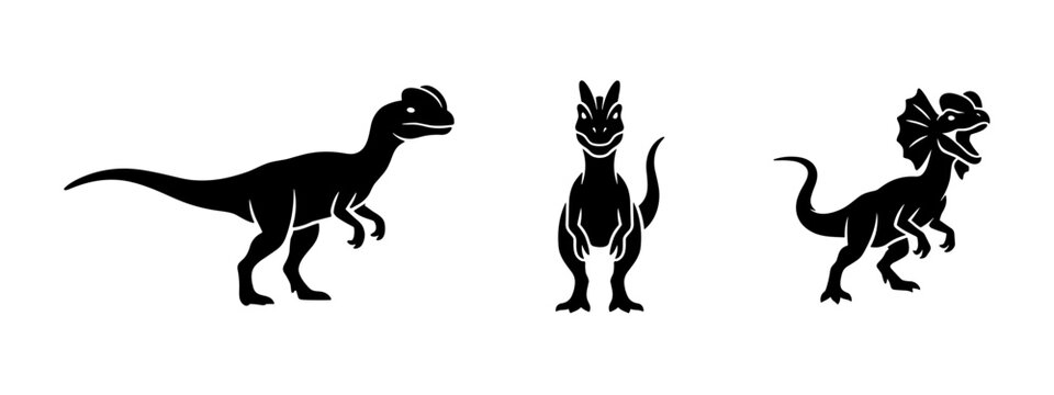 Dilophosaurus Dinosaur Silhouette Poses. Three black silhouettes of a Dilophosaurus, including an aggressive frilled posture.
