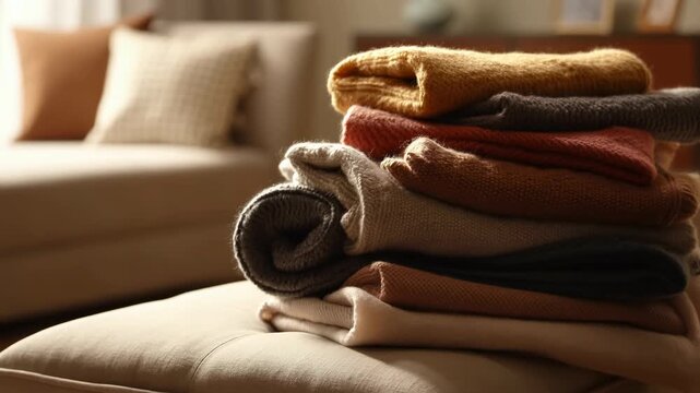 Stacked knit sweaters on ottoman in sunlit living room, unfolding layered texture and warm neutral tones while rolled folds reveal cozy home styling and soft daylight