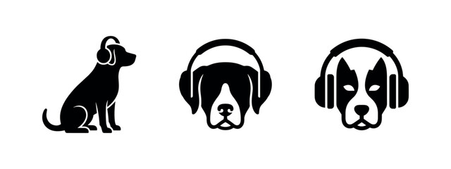 Obraz premium Dog wearing headphones icons set, pets listening to music or audio concept.