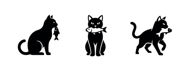 Set of black cat silhouettes carrying a fish, pet eating or hunting concept. © Lili