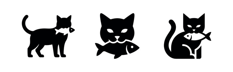 Cat holding a fish in its mouth icons, feline predator with prey. © Lili