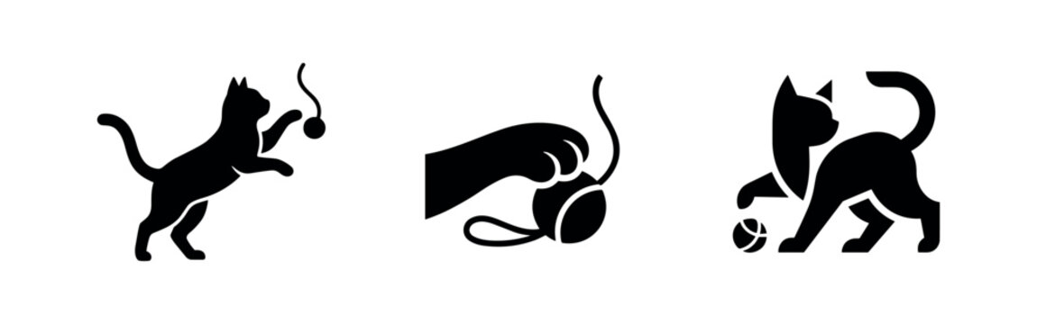 Playful cat silhouettes interacting with a toy, feline entertainment icons.