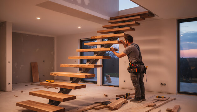 Skilled male carpenter building a modern floating wooden staircase inside an unfinished spacious house room during professional domestic interior renovation and remodeling