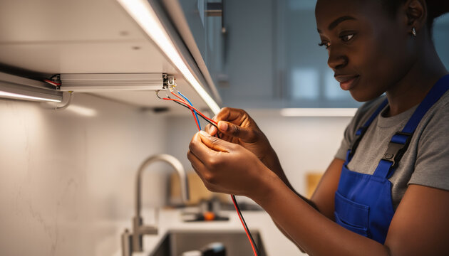 Professional African American female electrician carefully installing modern led strip lighting under white cabinets during a contemporary domestic kitchen renovation
