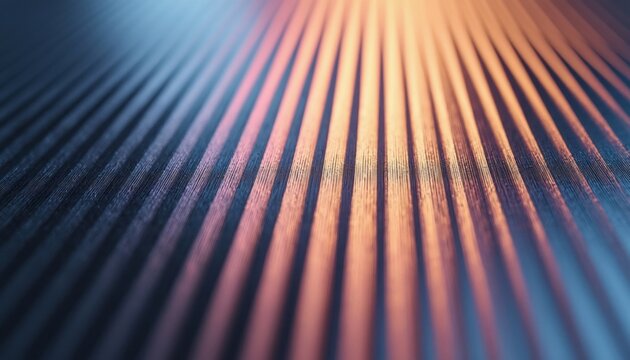 Abstract close-up of metallic surface with parallel vertical lines. Warm orange and cool blue light create a gradient effect on shiny, textured material. Modern, futuristic background.