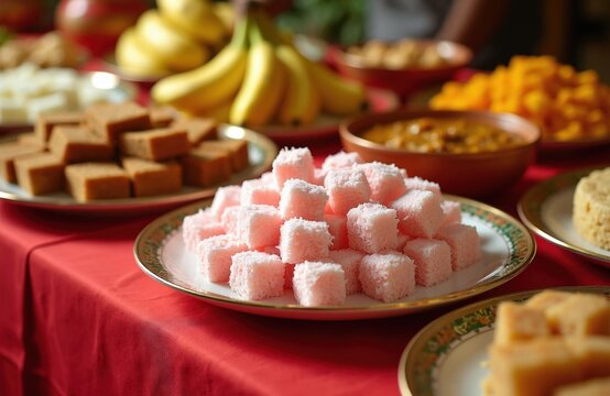 Assortment of Sri Lankan New Year sweets laid out on a red tablecloth. Various traditional desserts and fruits like bananas are arranged for celebration. People enjoy festive meal.