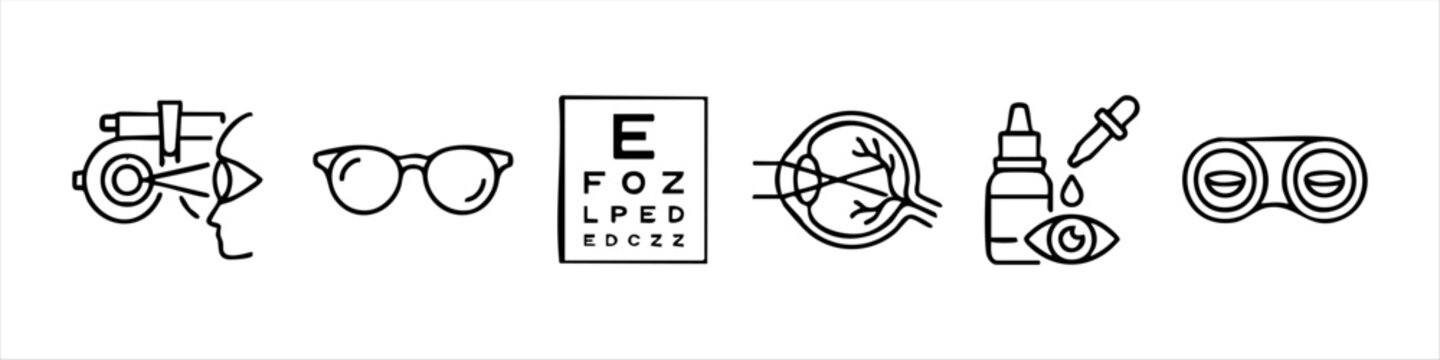 Professional line icon set for ophthalmology and eye care, including a vision test chart, glasses, eye drops, contact lenses, and eye anatomy. Perfect for medical clinics and optometry services.