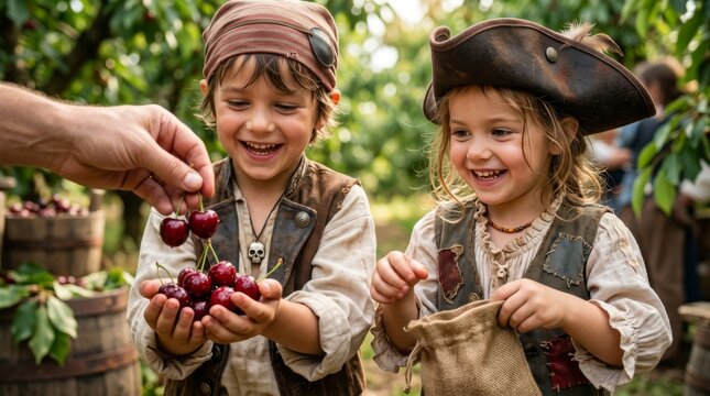 Two happy children dressed as pirates sharing freshly picked cherries outdoors