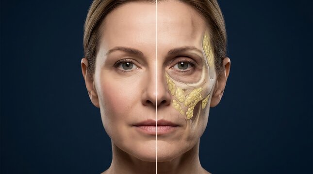 Split face comparison of a woman showing youthful skin versus aging effects with anatomical fat pads and bone structure visible