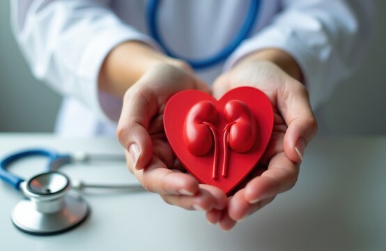 Doctor hands hold red heart shape with kidneys inside. Medical pro in white coat and stethoscope promotes kidney health and organ donation awareness.