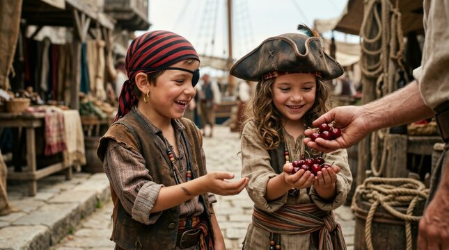 Two happy children dressed as pirates sharing freshly picked cherries outdoors