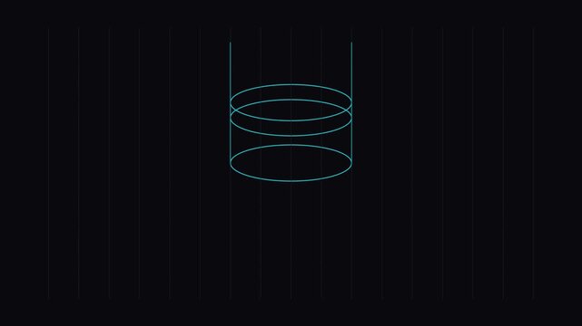 Minimalist digital cylinder loading animation, abstract tech ui neon blue wireframe circle on dark background