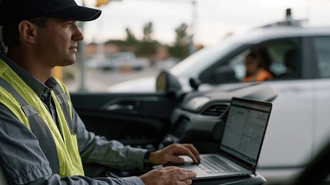 Field Technician Working on Laptop in Service Vehicle During On Site Operations