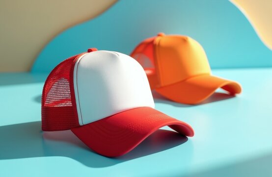 Two colorful trucker hats, red and white plus orange, sit on a light blue surface. Mesh back caps offer casual sun protection and trendy style.