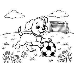 Coloring page illustration of a playful puppy with a soccer ball in a grassy field