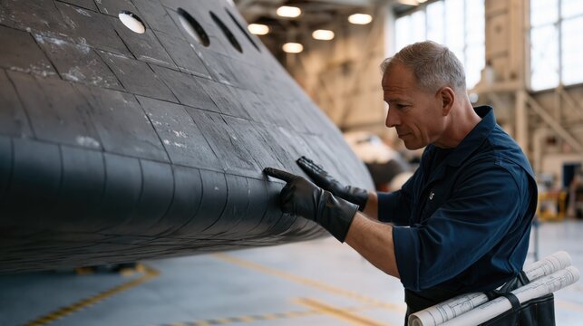 Aerospace Engineer Inspecting Aircraft or Spacecraft Thermal Protection Surface in Hangar