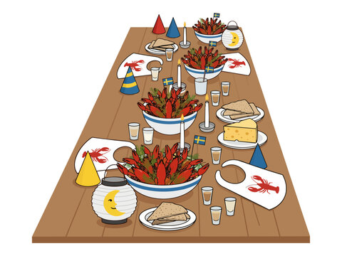 Table with dishes traditionally served during Swedish crayfish party - vector illustration.