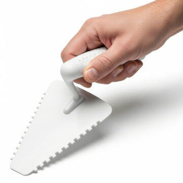 A hand holding a metal notched trowel tool used for spreading mortar or thinset adhesive for laying ceramic tiles