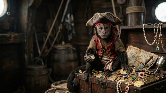 Pirate monkey in blue coat with spyglass sitting on a treasure chest filled with gold coins and jewels