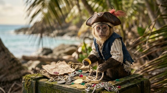 Pirate monkey in blue coat with spyglass sitting on a treasure chest filled with gold coins and jewels