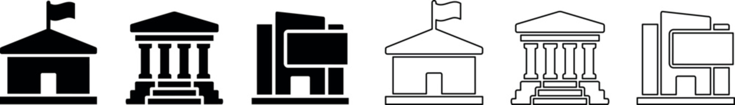 Set of six government and institutional building icons with flags and columns