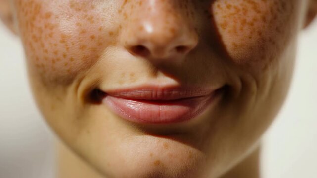 Freckled lower face closeup with soft smile, visible lips, nose, cheeks, natural skin texture, gentle dimples, and warm directional light creating intimate beauty mood
