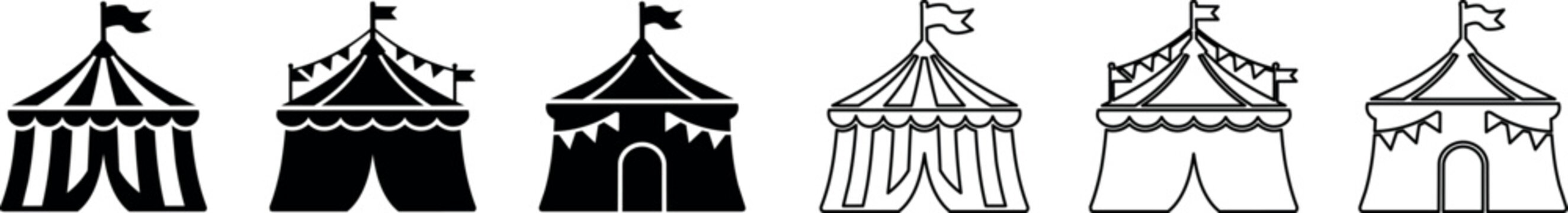 Set of six black and white carnival tents with flags and bunting