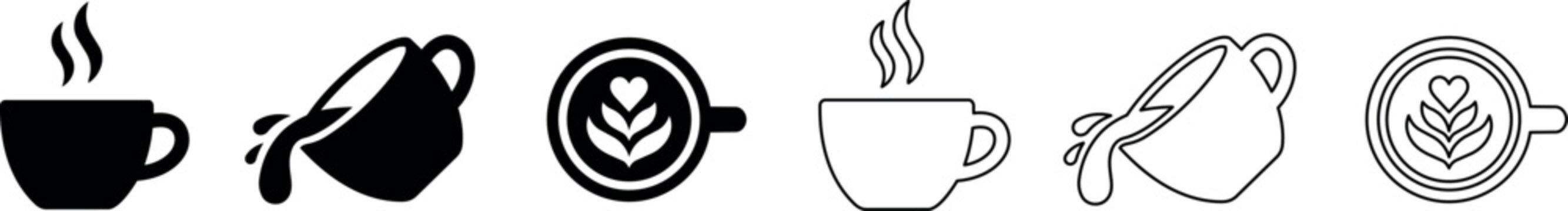 Coffee cup and pouring jug icons with latte art and steam
