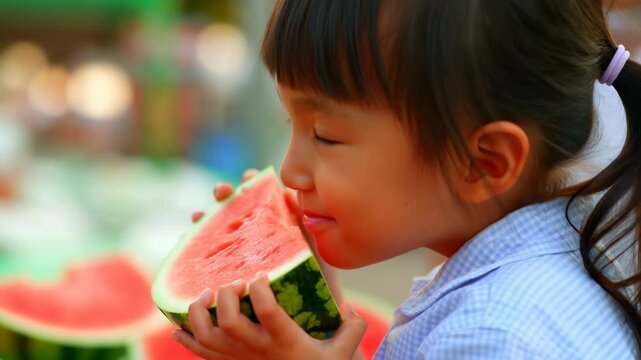 Young child lifting large watermelon slice to mouth in close profile at eye level, smiling with hands gripping rind against softly blurred outdoor market background