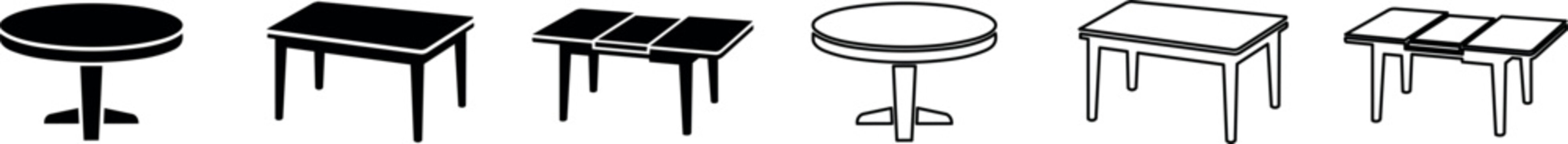 Set of round and rectangular tables in solid and outline styles