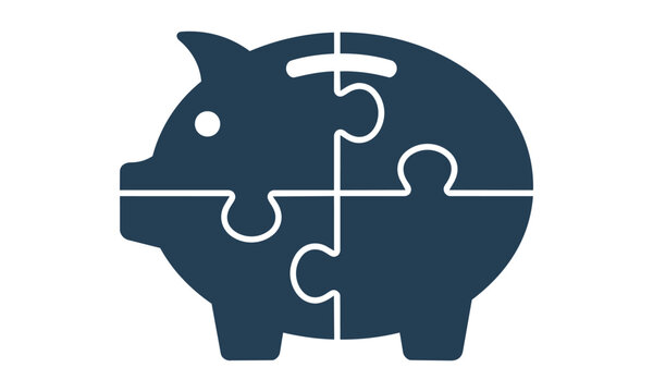 Navy blue piggy bank silhouette made of interlocking puzzle pieces on a white background for financial strategy and savings concept
