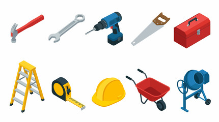 Obraz premium Isometric construction tools and equipment set including hammer wrench drill saw toolbox ladder tape measure hard hat wheelbarrow and concrete mixer.