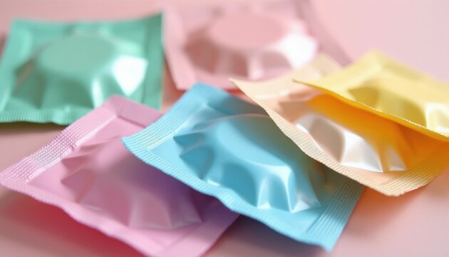 Assorted pastel condom wrappers fan out in pastel shades of pink, blue, and yellow. Birth control and safe sex concept. Variety of contraceptive packets are arranged.