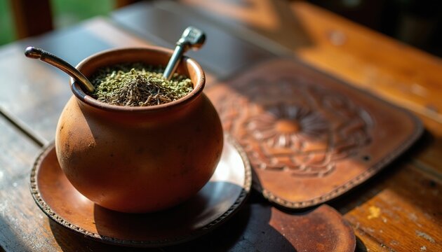 Traditional yerba mate drink in clay gourd with metal straw on wooden table. Herbal tea infusion with dried leaves in rustic calabash vessel with coaster. Healthy beverage.